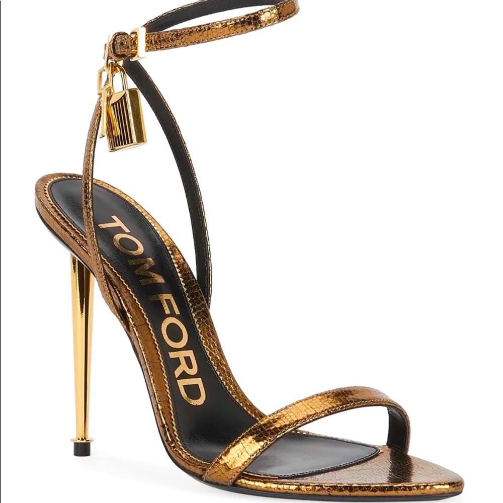Tom Ford Metallic Gold Snake-Embossed Ankle-Strap Stiletto Sandals